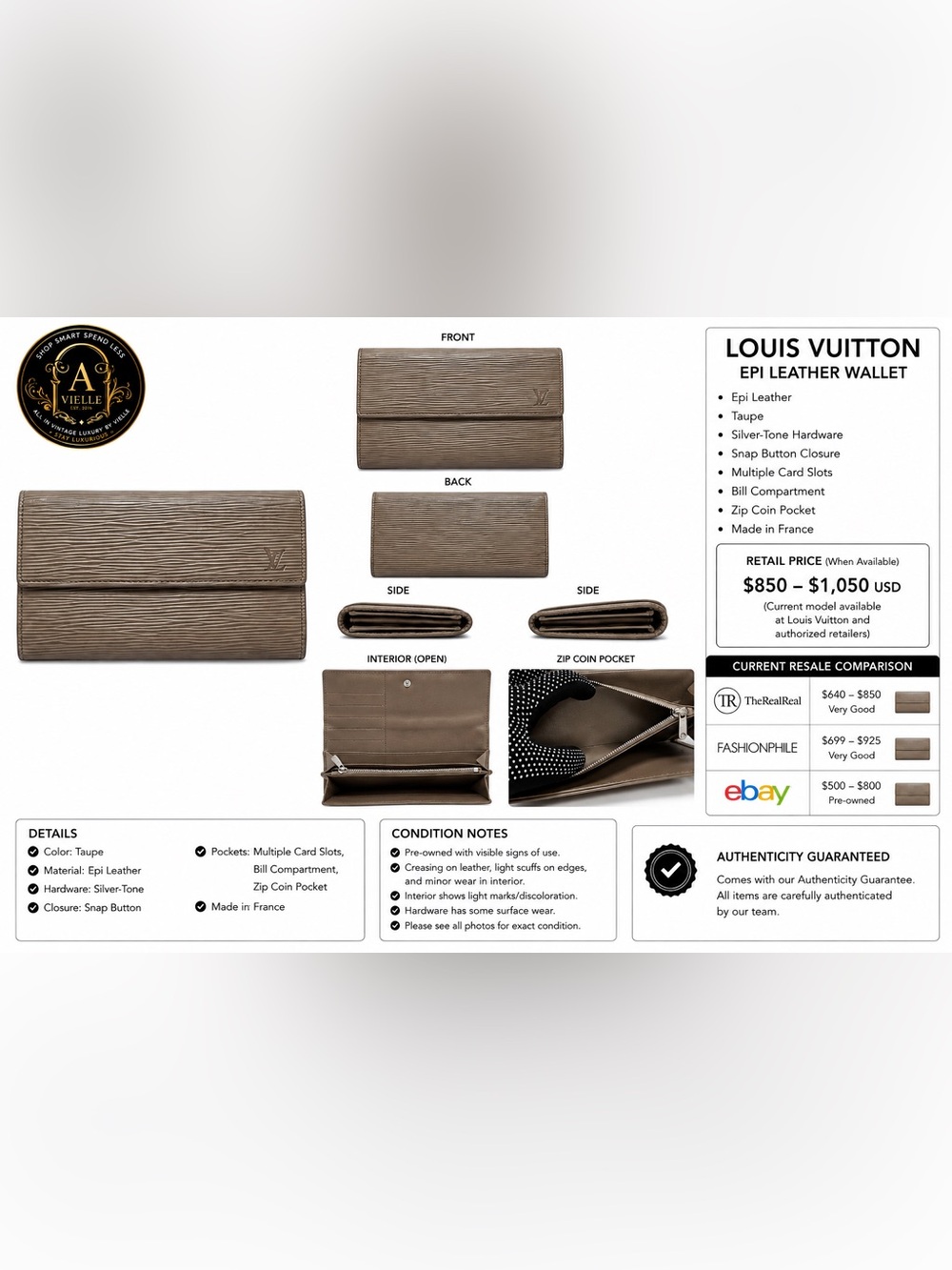 Louis Vuitton Authentic Epi Leather Sarah Long Wallet Taupe Brown
